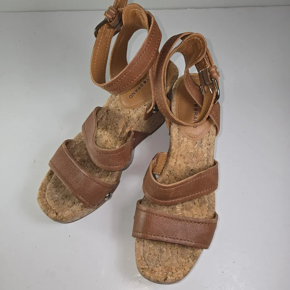 Lucky Brand Valintina Cork Wedge Sandals Brown Leather Ankle Strap Women's 8.5‎